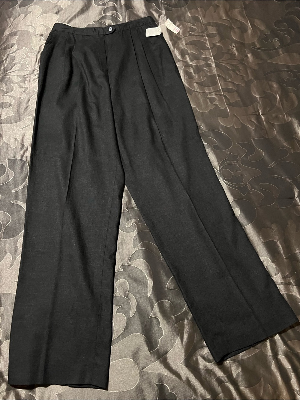VTG Deadstock Women’s Linen Blend Black High-Waist Pleated Wide-Leg Trousers 16
